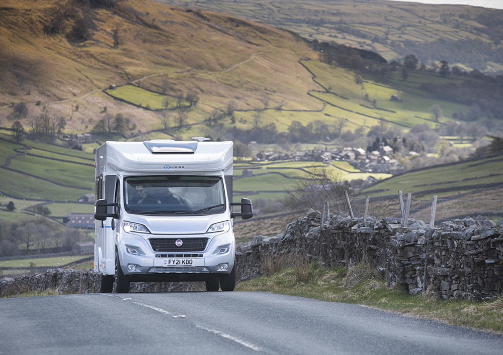 Motorhome on the open roads of the Buttertubs in North Yorkshire
