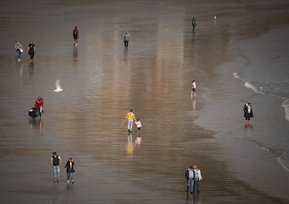couples and families walking on the beach